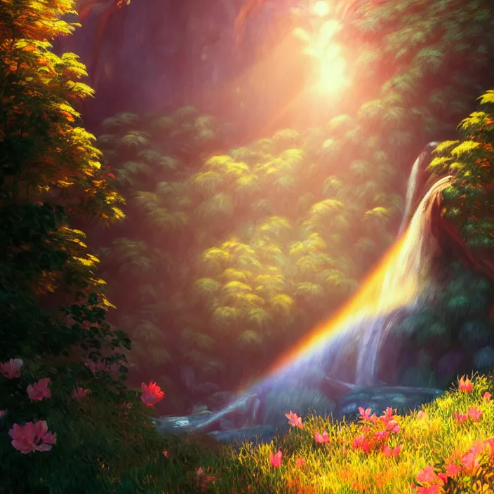 Image similar to an epic makoto shinkai and renoir landscape of a twin waterfall, 🌺, golden hour, ultra smooth, lois van baarle, ilya kuvshinov, unreal engine, blender, trending on artstation, suntur, caleb worcester, highly detailed, photorealism, bloom effect 8 k