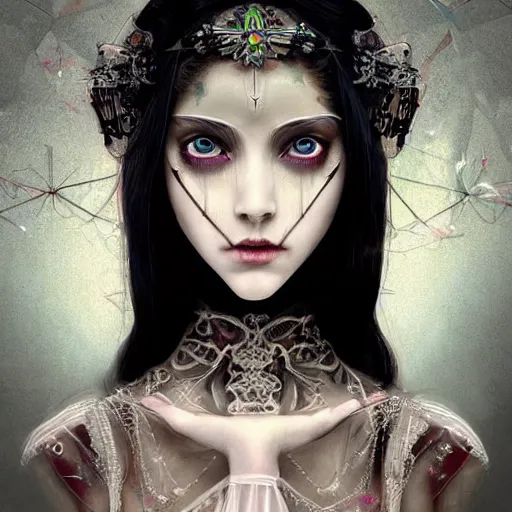 Image similar to symmetrical portrait of a beautiful dead princess female 4K symmetrical portrait, magical,fantasy , final fantasy, whole body, hyperrealism, cyberpunk, concept art, realistic, highly detailed, Featured on Artstation, cgsociety, Behance, Tom Bagshaw, Ross Tran, Japan Taiwan ,Soft lighting, attractive, highly detailed. intricate details. trending on artbreeder | zdzislaw beksinski. dariusz zawadzki. Michael Hutter. Peter Mohrbacher. Alfons Mucha. artstation