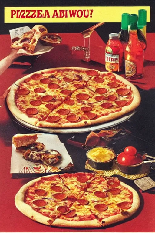 Prompt: pizza advert, from the 7 0 s, print on magazine