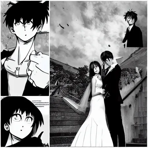 Image similar to saitama one punch man instagram couple's wedding photo shoot, perfect faces