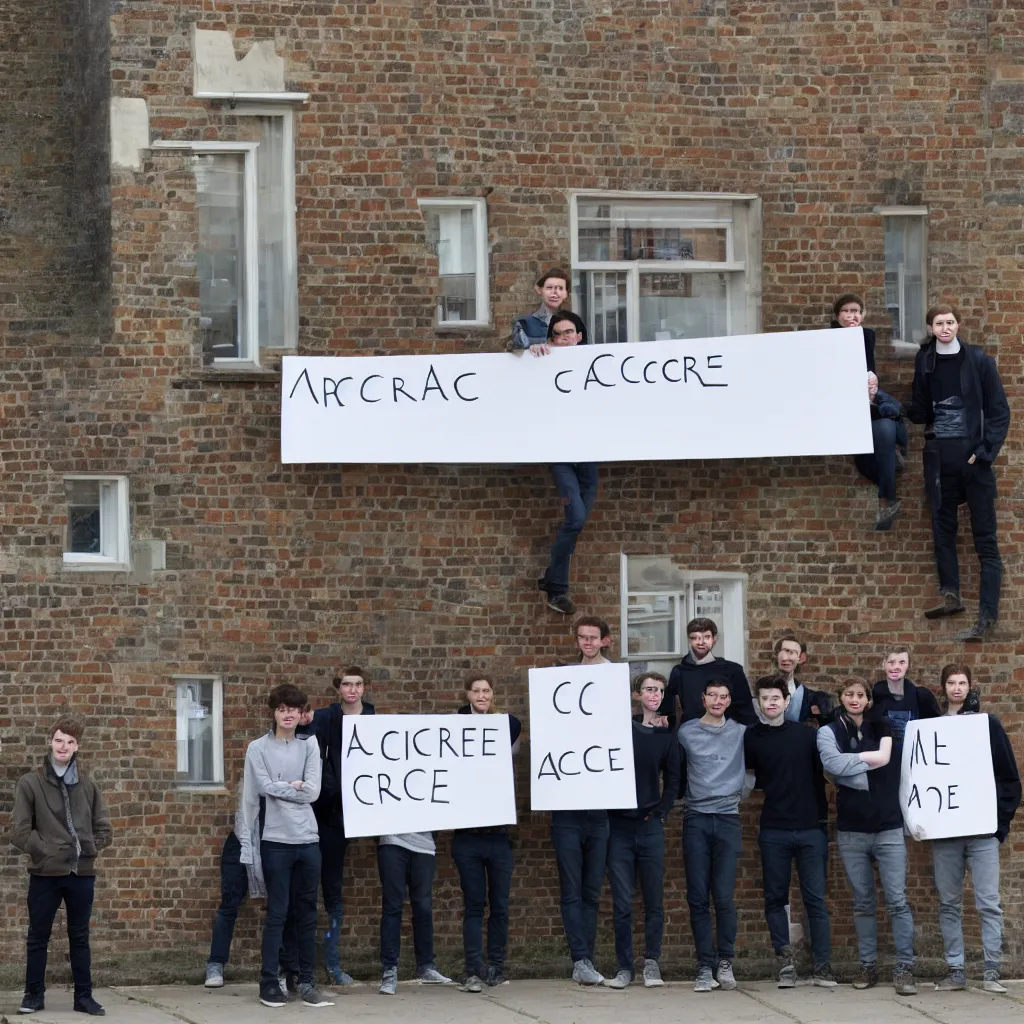 Prompt: a group of students stand in front of the cambridge architecture studio by mole architects, holding a sign with the words ARCSOC 2022–23