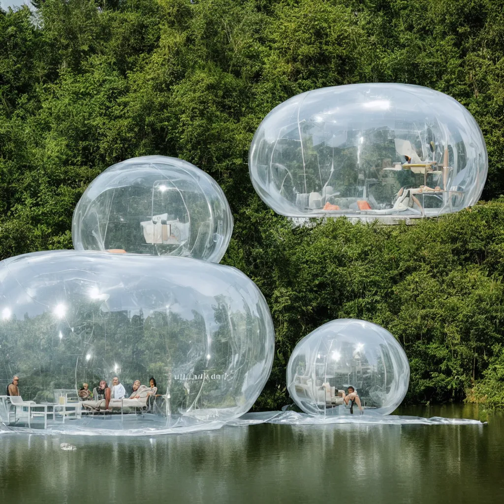 Prompt: an inflatable house made of clear plastic sheeting. The house is made of 3 inflated bubbles. The inflated house sits in a lake on the edge of a forest. A family is living inside the bubble house and it is furnished with contemporary furniture and art. ultra wide shot, coronarender, 8k, photorealistic