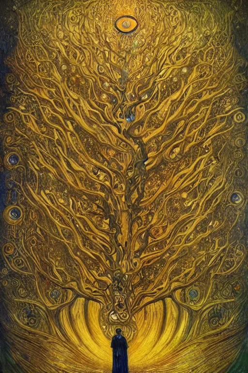 Image similar to Tree of Life by Karol Bak, Jean Deville, Gustav Klimt, and Vincent Van Gogh, Surreality, radiant halo, jeweled leaves, otherworldly, enigma, fractal structures, celestial, arcane, ornate gilded medieval icon, third eye, spirals