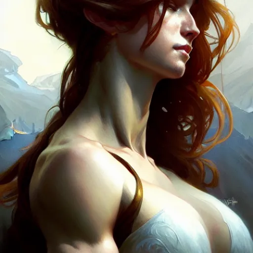 Image similar to , muscular upper body, D&D, fantasy, intricate, elegant, highly detailed, digital painting, artstation, concept art, smooth, sharp focus, illustration, art by artgerm and greg rutkowski and alphonse mucha