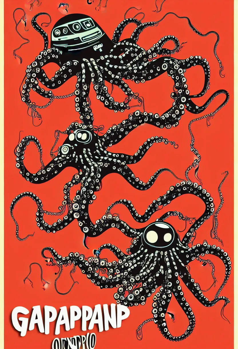 Image similar to concert poster for 'Grandpa Finger', dying robot octopus, vector art, 8k, highly detailed illustration