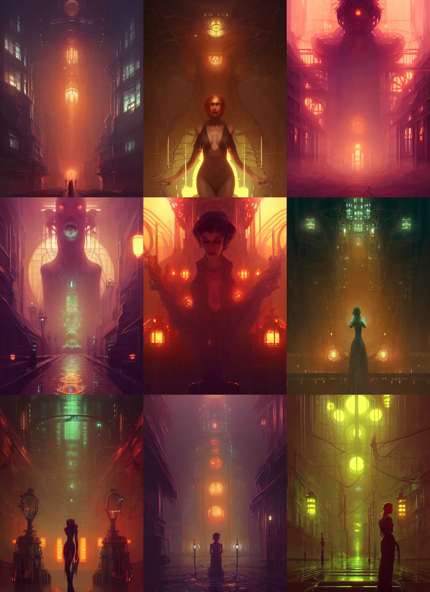 Prompt: hardmesh post - tron lуgacy horror lovecraft city, intricate, elegant, glowing lights, highly detailed, digital painting, artstation, glamor pose, concept art, smooth, sharp focus, illustration, art by wlop, alphonse mucha and greg rutkowski