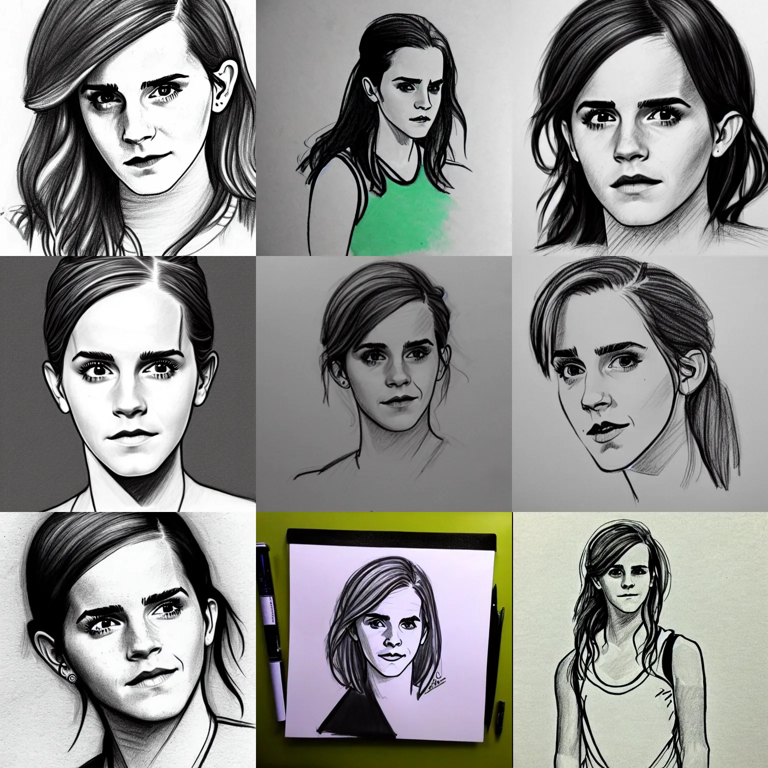 Prompt: sketch drawing, emma watson in full celtics garb, sharp lines, shading, lined paper, classroom doodle