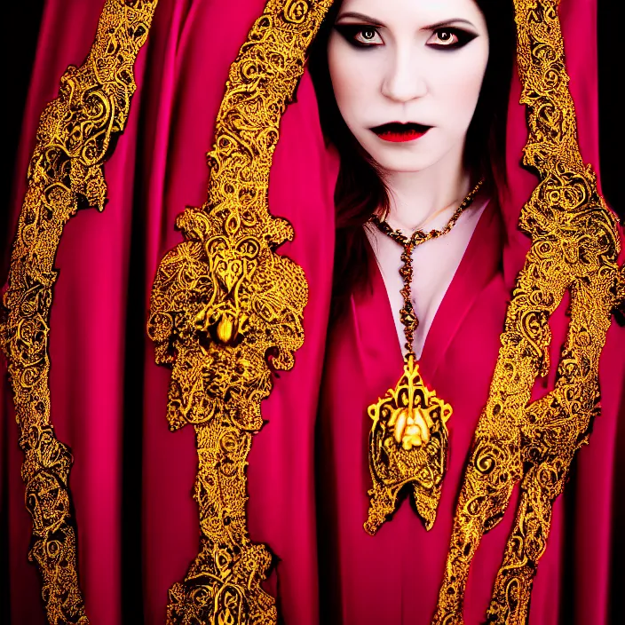 Image similar to professional photograph of a beautiful vampire queen with ornate robes. extremely detailed. dslr. 5 0 mm 8 k