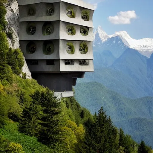 Image similar to lush and beautiful green mountain landscape, with a brutalist futuristic building, architecture, unpainted concrete, swiss alps, dolomites, by aalto alvar, by ando tadao, by chipperfield david, frank lloyd wright, by peter zumthor