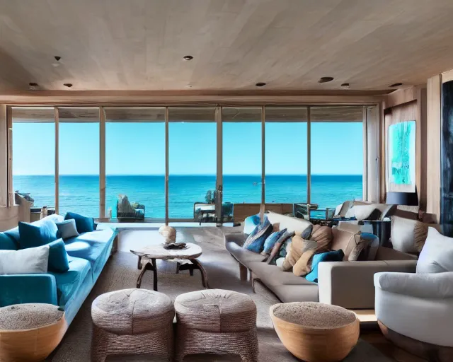 Image similar to A modern living room in a ocean hues style next to a big terrace overlooking the ocean, luxurious wooden coffee table in the center, inspired by the ocean, calm, relaxed style, harmony, wide angle shot, 8k resolution