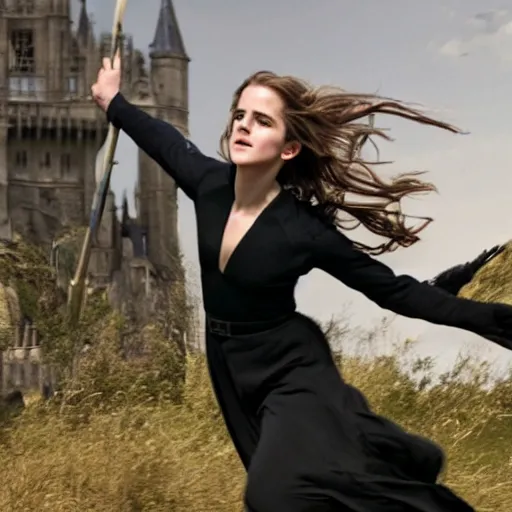 Image similar to a 4k photo of Emma Watson flying in a magical broomstick