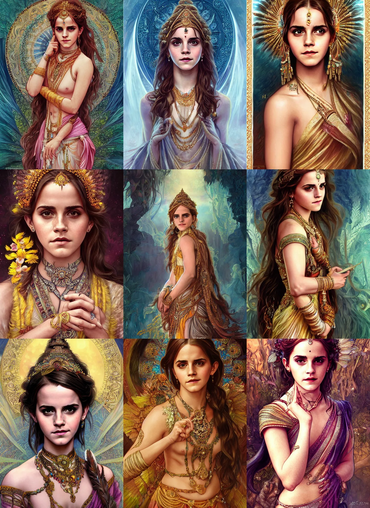 Prompt: Emma Watson as an Indian Goddess, cute, fantasy, intricate, elegant, highly detailed, digital painting, 4k, HDR, concept art, smooth, sharp focus, illustration, art by artgerm and H R Giger and alphonse mucha