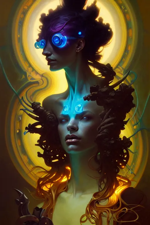 Prompt: portrait, bioluminescent druid, cyberpunk, elegant baroque, asymmetrical art, hyperrealism, colorful, vivid, imposing, epic, abstract texture, gold leaf texture, artstation, concept art, by peter mohrbacher and wlop and rhads and artgerm and magali villeneuve and alphonse mucha