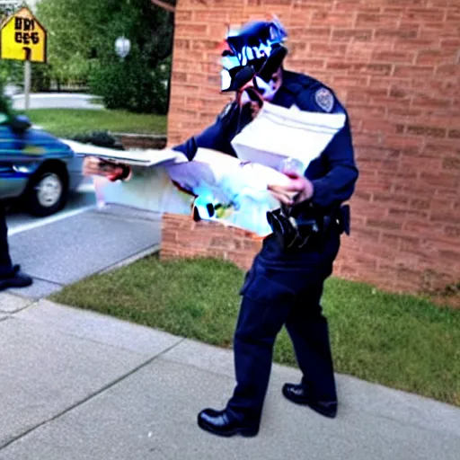 Prompt: a man is stealing mail and is getting caught by the police. real photo.