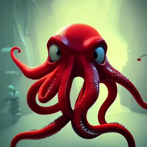 Image similar to portrait of red octopus, sly, cunning, blue background, pixar style animation 3d extremely gloomy lighting, atmospheric, cinematic, detailed illustration unreal Engine, 8K