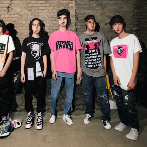 Image similar to teens wearing streetwear screenprinting shirts in their basement.