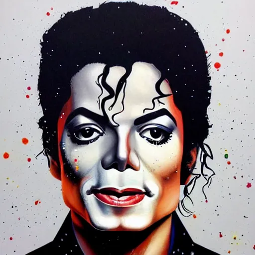 Prompt: portrait painting of Michael Jackson by Sandra Chevrier, trending on Artstation, sharp focus illustration, cosmic background, intricate, hyperdetailed
