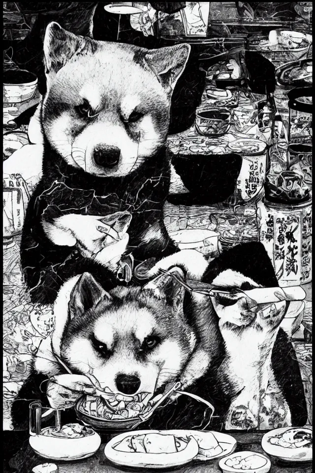 Image similar to a portrait of a shiba inu eating sushi, in the art style of katsuhiro otomo, realistic, highly detailed, b & w, 4 k