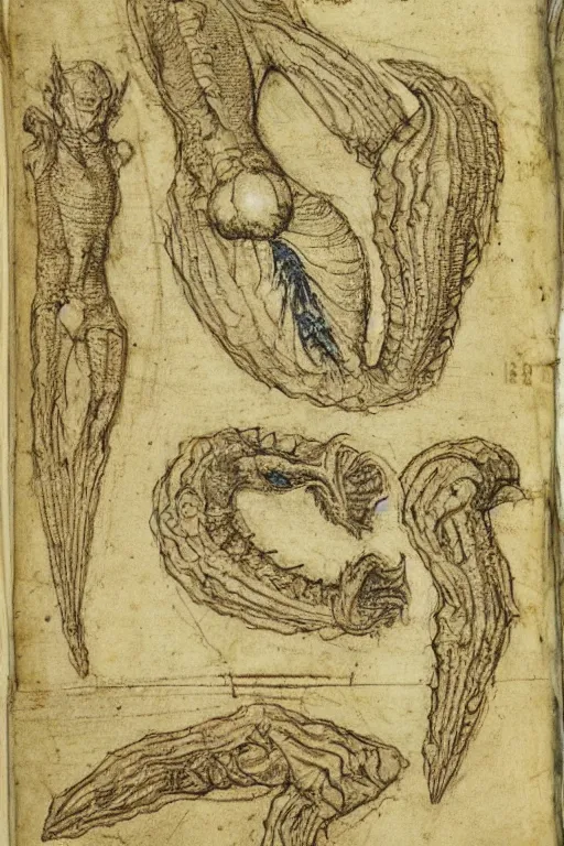 Prompt: manuscript page with diagrams of shoggoths by leonardo da vinci, sketches, scientific studies, anatomy studies, academic art, intricate