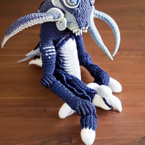 Image similar to knitted cuddly xenomorph cuddles ripley, cute styling, yarn, photorealistic