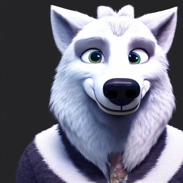 Image similar to portrait headshot of a cute male white wolf in the style of zootopia. volumetric lighting, subsurface scattering, hyperrealistic, octane render, hyperdetailed