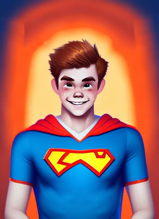 Image similar to friendly teenage archie andrews wearing an orange superhero costume with heart logo, heart, freckles, blue cape, heart emblem on chest, blue cape, intricate, elegant, glowing lights, highly detailed, digital painting, artstation, sharp focus, illustration, art by wlop, mars ravelo and greg rutkowski