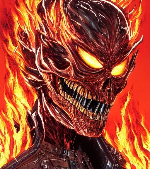 Prompt: detailed portrait ghost rider from marvel by yusuke murata and masakazu katsura and eisuke ogura, artstation, head in flames, highly - detailed, cgsociety, 8 k, hd, pixiv, pencil and ink, dark colors, intricate details