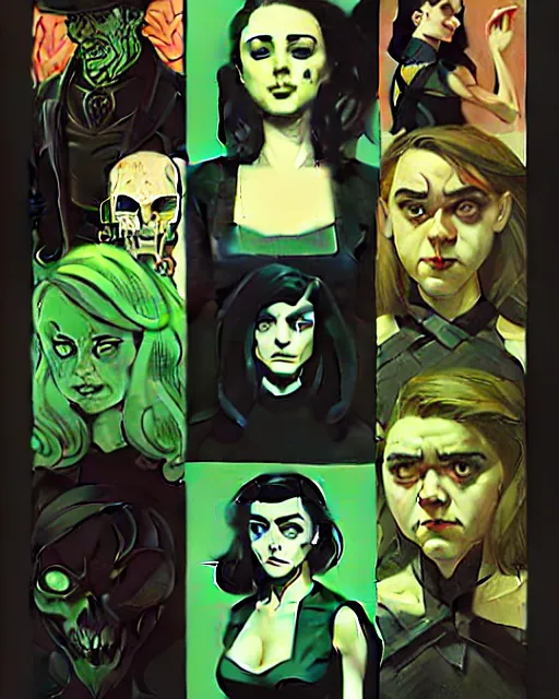 Image similar to rafael albuquerque comic art, peter mohrbacher, steve niles, phil noto, artgerm, pretty evil maisie williams witch, black and green dress, symmetrical eyes