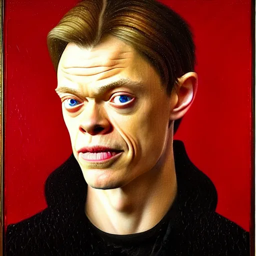 Image similar to portrait of the son of chris hemsworth willem dafoe steve buscemi, dane dehaan, oil painting by jan van eyck, northern renaissance art, oil on canvas, wet - on - wet technique, realistic, expressive emotions, intricate textures, illusionistic detail