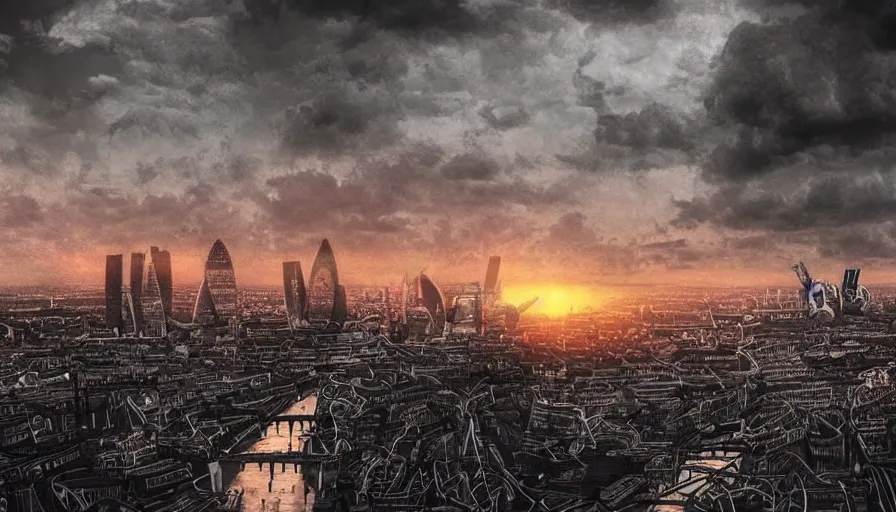 Image similar to sunset over london, scary, ominous, spooky, shadows, extremely detailed, horror, digital art