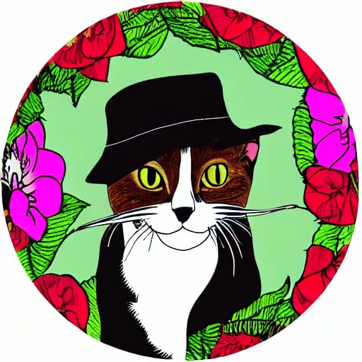 Image similar to beagle cat with a hat, beagle ears, cat eyes, beagle nose, cat whiskers, floral background, head shot, studio, 38mm