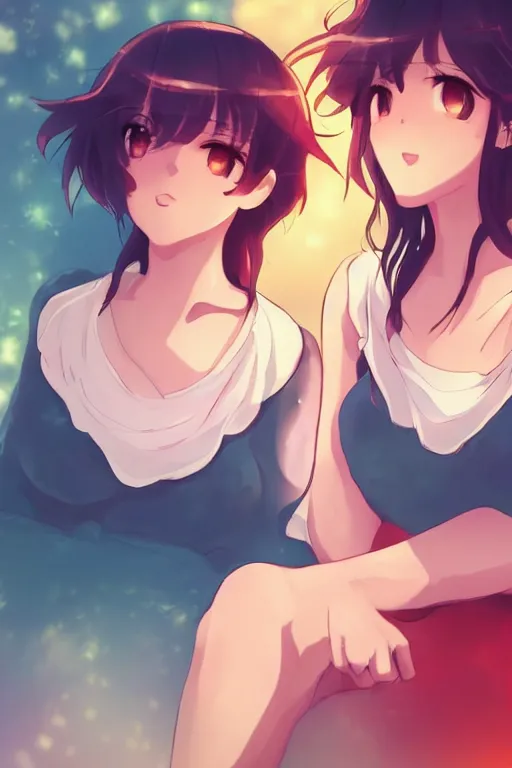 Image similar to two beautiful mothers sitting on a hot summer evening, gorgeous faces, thick lines, cinematic lighting, detailed anime art