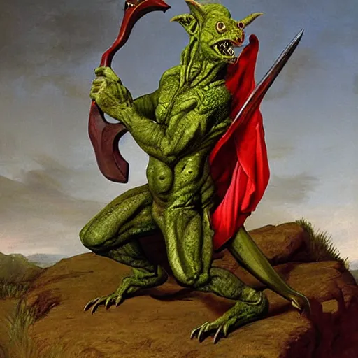 Prompt: dog - faced muscular goblin, ugly face, lizard tail, holding scimitar made of bone, scimitar, sword, jagged sword, curved sword, orkish sword, colorized, green skin, red sky, hyper - detailed, primeval fantasy, prehistoric fantasy, art by jacques - louis david