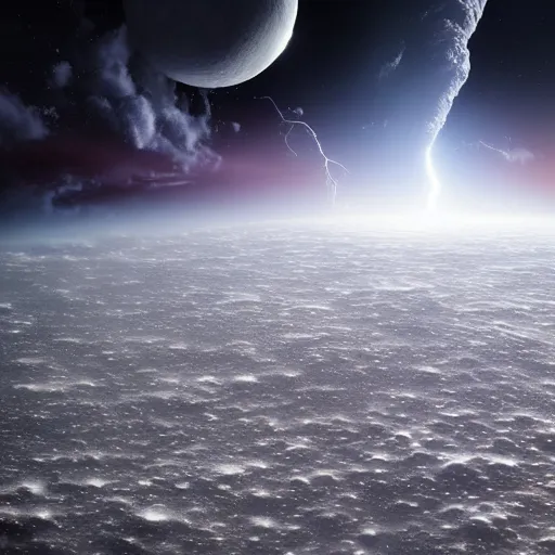 Image similar to moon with atmosphere seen from space lightning storm pink cinematic photorealistic very detailed