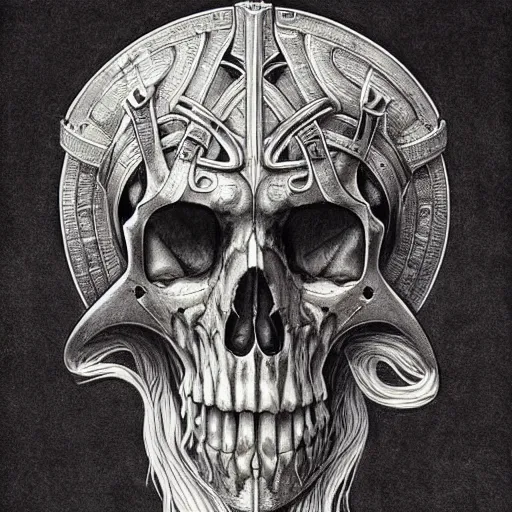 Image similar to beautiful portrait artwork of a viking skull by Aaron Horkey, featured on artstation