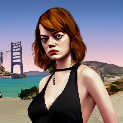 Image similar to emma stone in gta v, cover art by stephen bliss, artstation, no text