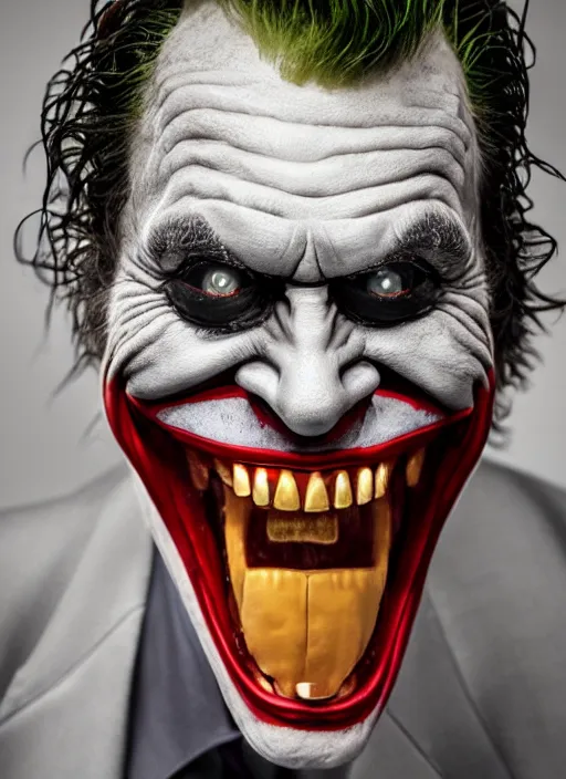 Prompt: photo of Willem Dafoe as the Joker by David Lachappelle, big smile, head shot, detailed, award winning, Sony a7R