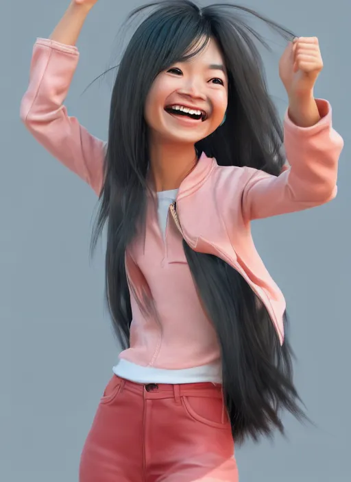 Image similar to a cute asian girl laughing, flowing hair, in the style of pixar animation, full body shot, viewed from bellow, award winning, hyper detailed, studio lighting, artstation, octane renderer, unreal engine