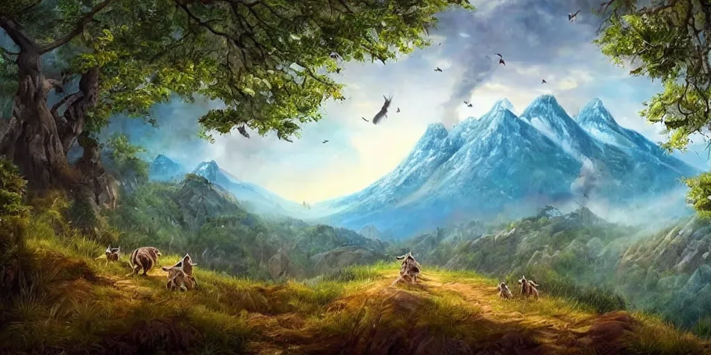 Prompt: A majestic landscape featuring mountains and a forest. A small group of racoons is running from a wild fire. Cinematic, very beautiful, painting in the style of Lord of the rings