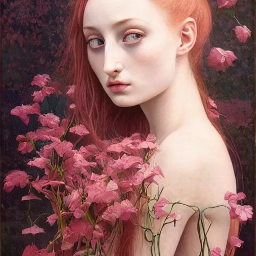 Prompt: sophie turner girl, botanical, peach, marble white complexion, portrait face, colorful, kupka, intricate, miles johnston, kuroda seiki, ozabu, godward, painterly, yoshitaka amano, moebius, miles johnston, louise zhang, james jean, mark ryden lowbrow pop surrealism art style