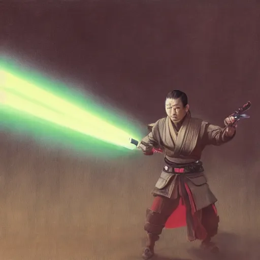 Prompt: painting of a samurai holding a lightsaber, katana, star wars, kabuto, armor, darth revan, star killer, jedi, fenghua zhong, ruan jia, jeremy lipking, peter mohrbacher, laser, ralph mcquarrie, sword, lightsaber katana, sekiro