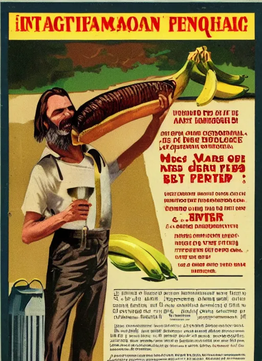 Prompt: vintage home barbecue advertisement depicting charles manson slipping on a banana peel