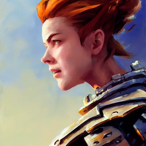 Image similar to greg manchess portrait painting of armored aloy as overwatch character, medium shot, asymmetrical, profile picture, organic painting, sunny day, matte painting, bold shapes, hard edges, street art, trending on artstation, by huang guangjian and gil elvgren and sachin teng