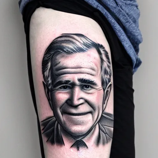 Prompt: tattoo of george bush holding a massive cute rat, black, blue gray, pink, and white ink, detailed, hyperrealistic trending on artstation