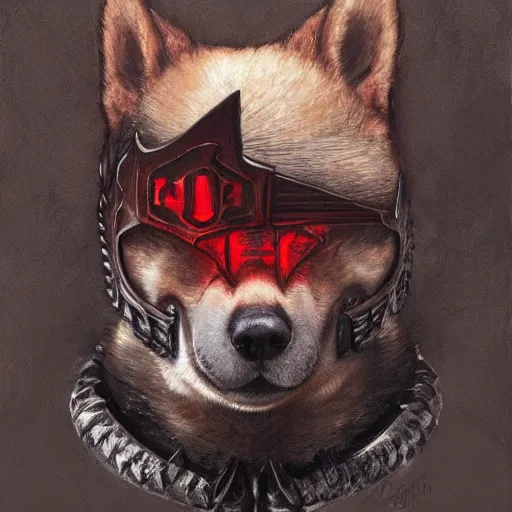 Image similar to anthropomorphic shiba inu, wearing berserk anime skullknight armor and sword, blood aura red light, fantasy, dark, portrait art by donato giancola and greg rutkowski, realistic face, digital art, trending on artstation, symmetry