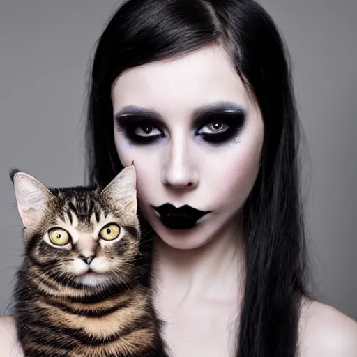 Prompt: a girl with long messy dark hair, messy goth make - up, shiny eyes, holding a cat in her arms, a stock photo by juan villafuerte, pexels contest winner, high quality photo, rtx, hd, rasquache