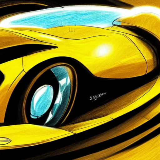 Image similar to a drawing of a yellow race car with the sun in the background, concept illustration by stefan gierowski, trending on artstation, retrofuturism, 2 d game art, concept art, matte illustration