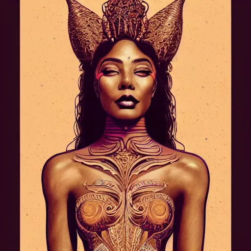 Image similar to vintage portrait of modern mermaid queen, zoom, rule of thirds, atmosphere, intricate, regal, latinas, ( brown skin ), symmetrical!!, loreal, maybelline, sephora, loreal, artstation, art by michael william kaluta and jose tapior y baro, ( ( cinematic ) ), concept art, filmic, vsco