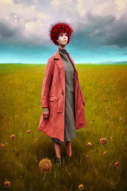 Image similar to portrait, enormous thistle flower head, a girl wearing coat in field, surreal photography, wind and cold, dramatic sky, impressionist painting, digital painting, artstation, simon stalenhag