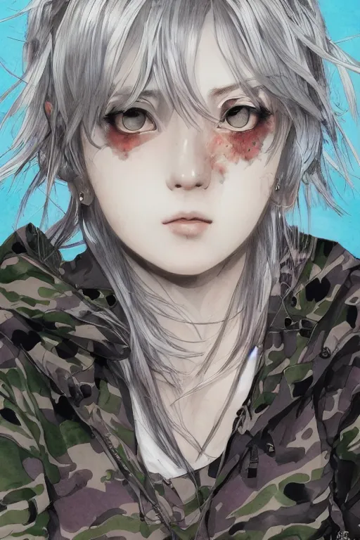 Prompt: silver hair girl ruby eyes, multicam camo, cinematic portrait, ilustration by Takehiko Inoue